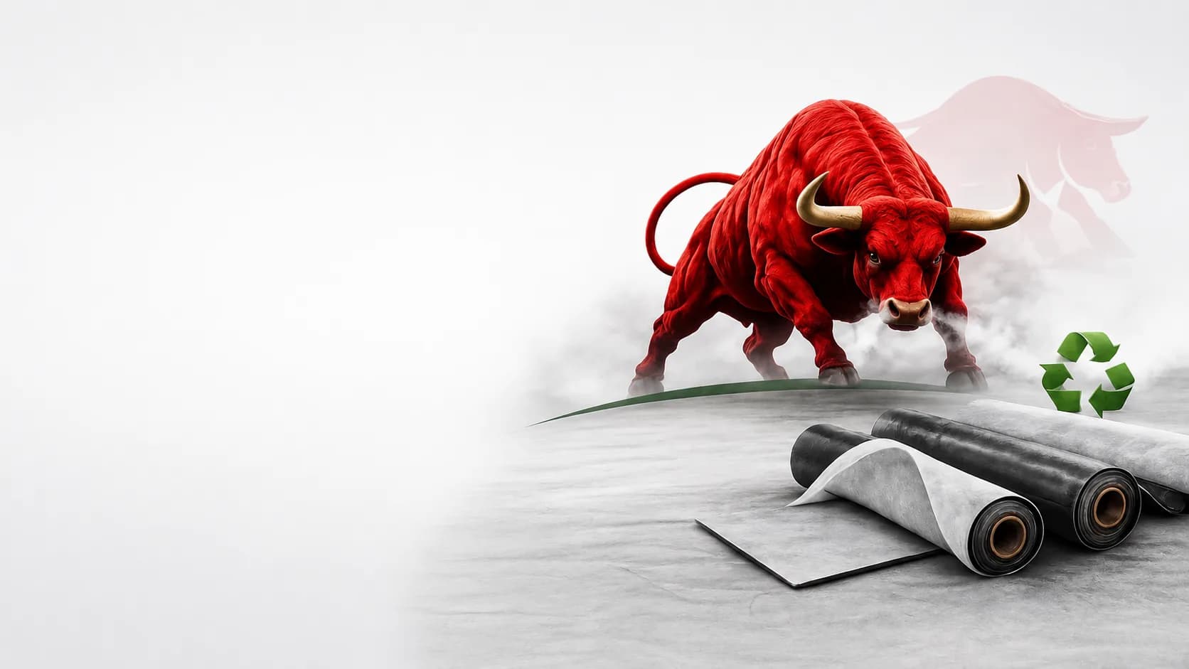 Roter Minotaur Stier mit Folienrollen — Recycling von Multilayerfolien